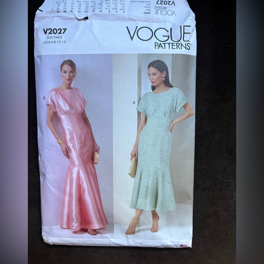 Vogue Dress Pattern 2027. Sz 4-12. Mermaid skirt, fitted top. Two lengths